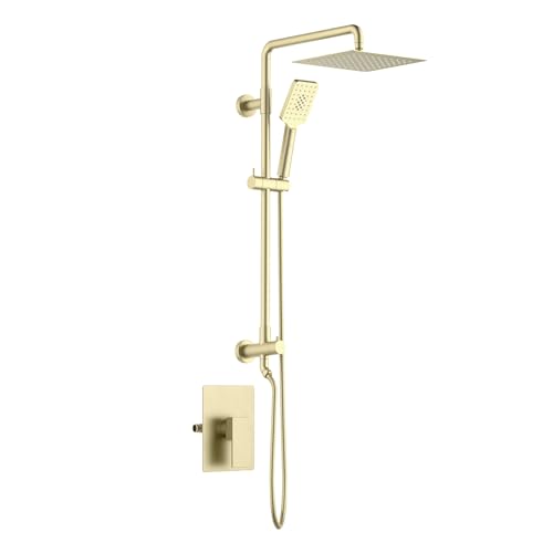 KIBI Cube 2-Function Wall Mounted Rain Shower Column | Bathroom Shower Faucet System with Solid Brass Rough-In Valve, 10" Rain Shower Head | Easy Temperature Control (Brushed Gold, KSC404) - color: Brushed Gold