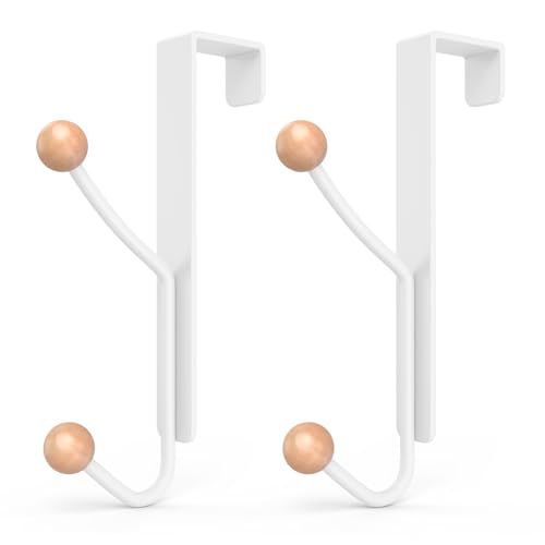 KitchLife Over The Door Hooks 2 Pack Heavy Duty Door Hanger Hooks with Wooden Ball Tips, Steel Over Door Hook Rack for Clothes, Towels, Bags & Tools, Fits 1-3/8” Door, Matte White