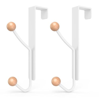KitchLife Over The Door Hooks 2 Pack Heavy Duty Door Hanger Hooks with Wooden Ball Tips, Steel Over Door Hook Rack for Clothes, Towels, Bags & Tools, Fits 1-3/8” Door, Matte White