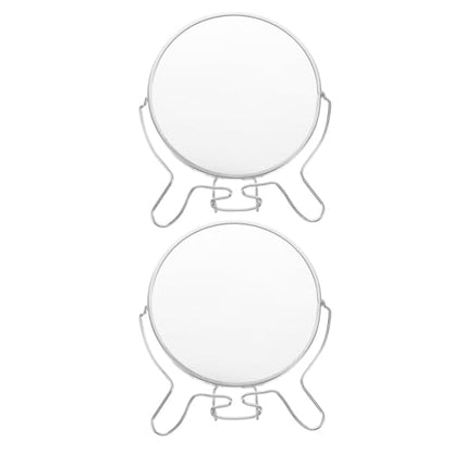 2pcs Double Sided Makeup Vanity Mirrors with Stand, 6-inch Round Lightweight Metal Frame and Glass, Foldable Swivel Tabletop Mirrors for Eyebrow Grooming at Home Use