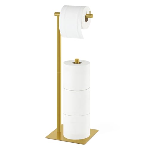 Toilet Paper Holder Stand Beige Gold Free Standing TP Holder, Metal Toilet Paper Roll Holder with Reserve Bathroom Tissue Storage Holder, Beige Gold - color: Beige Gold