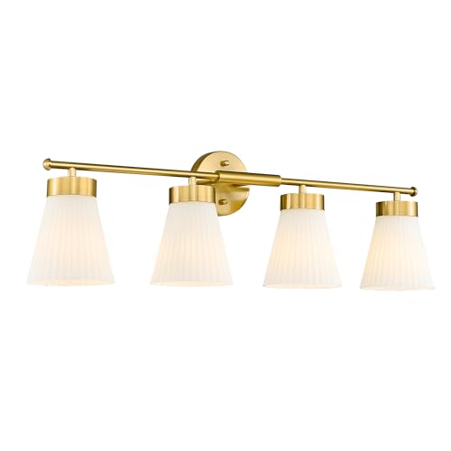 Bathroom Light Fixtures Brushed Gold, HWH 4 Light Vanity Lights Over Mirror, Modern Wall Lamp Bathroom Lighting with Frosted White Striped Glass, 5HZG97B-4W BG - color: Brushed Gold, size: 4-Light