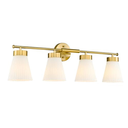 Bathroom Light Fixtures Brushed Gold, HWH 4 Light Vanity Lights Over Mirror, Modern Wall Lamp Bathroom Lighting with Frosted White Striped Glass, 5HZG97B-4W BG - color: Brushed Gold, size: 4-Light