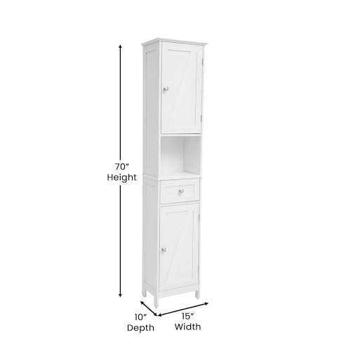 Flash Furniture Freestanding Bathroom Linen Tower Storage Cabinet, White | Farmhouse, Magnetic Close Doors, 2 Adjustable Shelves, Open Display Shelf - color: White