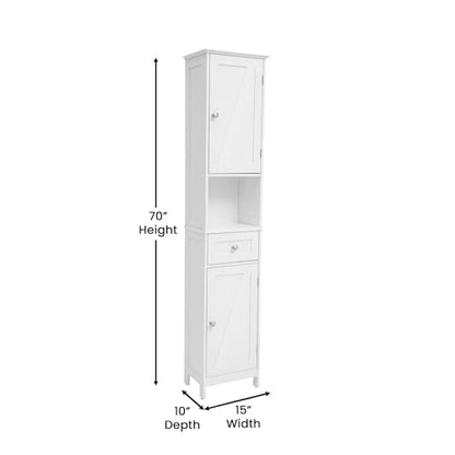 Flash Furniture Freestanding Bathroom Linen Tower Storage Cabinet, White | Farmhouse, Magnetic Close Doors, 2 Adjustable Shelves, Open Display Shelf - color: White