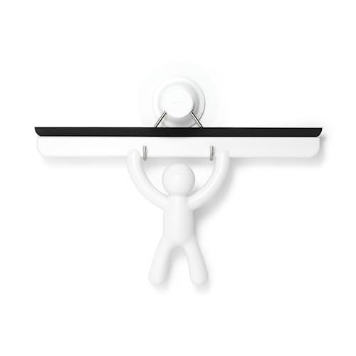 Umbra Buddy Adhesive Squeegee, Shower Glass and Mirror Cleaner, White | Streak-free flexible blade, mounts on tile or drywall, easy clean silicone, anti-rust plastic