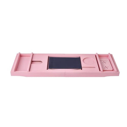 Pink Bamboo Bathtub Caddy with Bath Sponge, Bath Tray for Bathtub, Expandable Size, Fits Most Bath Tubs