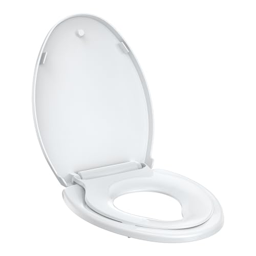 Toilet Seat with Toddler Seat, Elongated Toilet Seat, Quick-Release Structure Toilet Seat, Quick-Attach Hardware & Full Flat with Grip-Tight Bumpers, Quiet-Close Seat, White 19 in - size: elongated