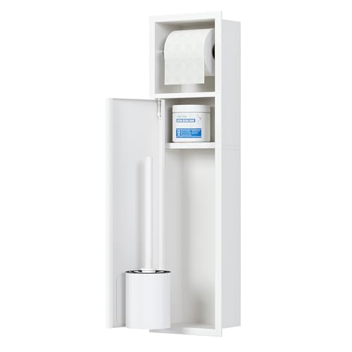 Qeke in Wall Toilet Brush Holder w/Cabinet, White, 4" Depth | 304 Stainless Steel Rustproof Recessed Toilet Brush Holder, Tissue Paper Holder w/ Toilet Brush for Bathroom - color: Matte White