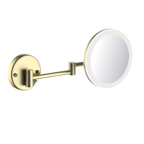 KIBI LED Wall Mount Makeup Mirror, 5X Magnification, One-Sided, Circular Lighted Mirror with Adjustable Arm | Magnifying Vanity Mirror with Light for Bathroom or Bedroom (Brushed Gold, KMM102) - color: Brushed Gold