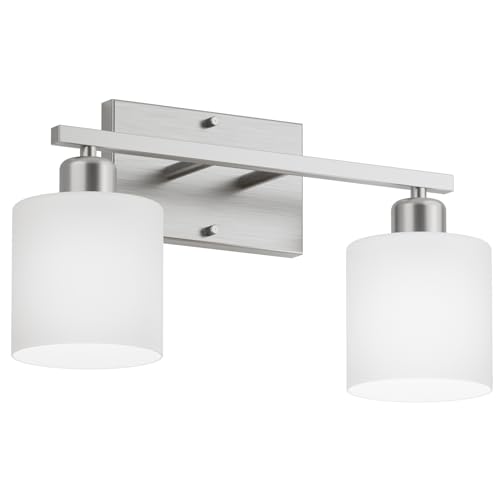 Bathroom Vanity Light Fixture Brushed Nickel, 2-Light Wall Sconces | Anti-Rust Vanity Lights Over Mirror, 12 Inches, E26 Standard Socket, Milky White Glass Shades, Bulbs Not Included - color: Brushed Nickel-2 Light