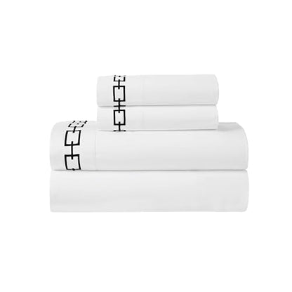 Superior Embroidered Cotton Bed Sheet Set, 1 Elastic Deep Pocket Fitted Sheet, 1 Flat Sheet, 2 Pillowcases, Daily Soft Sheets, Luxury, Unique Design, Chain Links Collection, Full Size, White/Black - color: White-black, size: Full