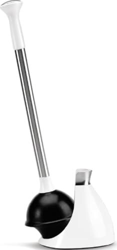 simplehuman Toilet Plunger with Holder Set, Magnetic Drip-Free Cover, Narrow Flange for Modern Low-Flow Toilets, Hidden Dome Storage, Stainless Steel, White - color: White, style: Toilet Plunger