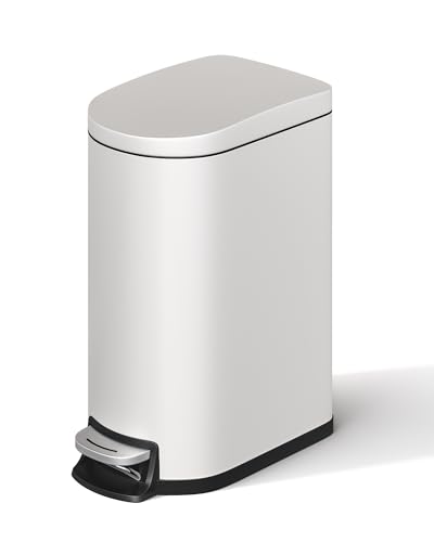GarveeHome 2.6 Gallon Bathroom Trash Can, Space-Saving Slim Stainless Steel Step-On Garbage Bin with Soft Close Lid, Removable Inner Bucket for Bathroom & Bedroom, White - color: White, size: 2.6 Gallon
