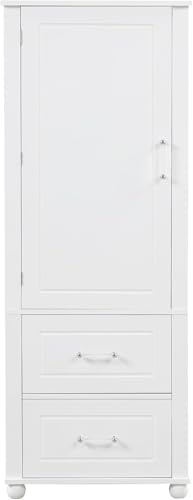 Tall Bathroom Storage Cabinet, Wood Bathroom Kitchen Pantry Cabinet with 2 Drawers and 2 Adjustable Shelves, Freestanding (White) - color: White, size: 23“x15”x61“