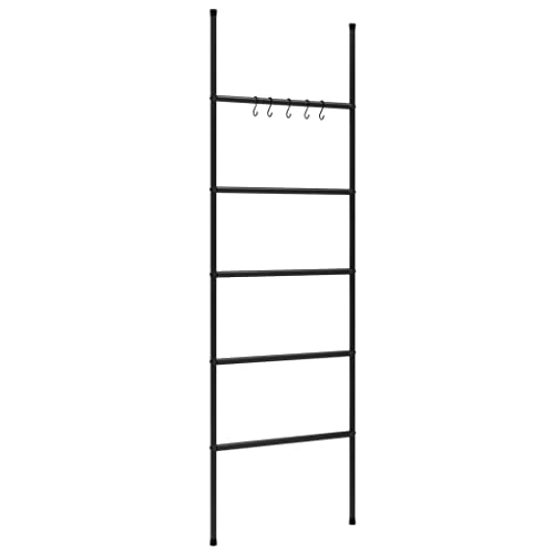 5-Tier Towel Ladder Rack, Wall Leaning Blanket Holder for Bathroom Bedroom Living Room, Modern Decorative Iron Storage Organizer, 68.9 Inches Tall, Black