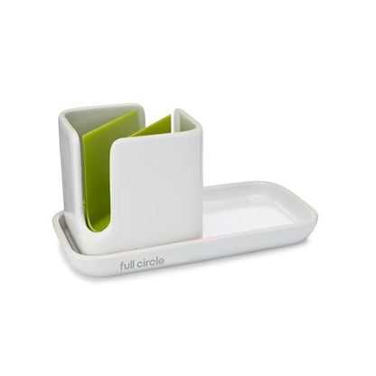 Full Circle Stash, Ceramic Kitchen Sink Caddy, Stylish Modular Sponge Holder & Dish Brush Organizer, Green and White, 11" - color: Green and White