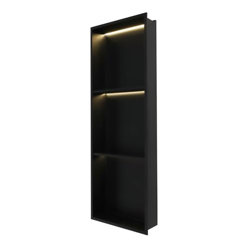 Stainless Steel Shower Niche with LED Light,12*36in Matte Black No Tile Needed Wall Vertical Niche,3-Tier Recessed Shower Shelf for Bathroom Storage Over Mount Installation (12*36in LED) - size: 12*36in LED