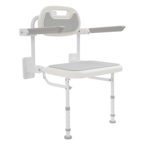 Folding Shower Seat Wall Mounted,18" W Adjustable Height Foldable Shower Chair with Armrests and Backrest Bath Stool Supports 264lbs for Adults Seniors Disabled Home Care