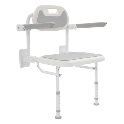 Folding Shower Seat Wall Mounted,18" W Adjustable Height Foldable Shower Chair with Armrests and Backrest Bath Stool Supports 264lbs for Adults Seniors Disabled Home Care
