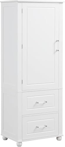Tall Bathroom Storage Cabinet, Wood Bathroom Kitchen Pantry Cabinet with 2 Drawers and 2 Adjustable Shelves, Freestanding (White) - color: White, size: 23“x15”x61“