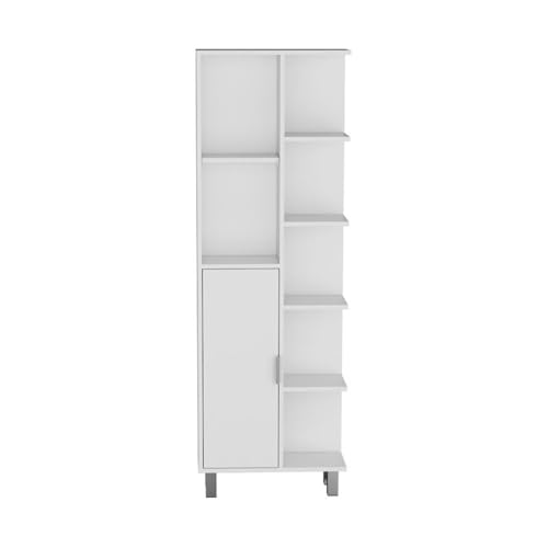 Tuhome Crovie Tall Linen Cabinet, 63-Inch Bathroom Linen Storage Tower with 7 Open Shelves, Slim 8.3-Inch Depth Linen Organizer in White, Engineered Wood with Melamine Finish