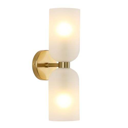 EFINEHOME Minimalist 2-Light Gold Wall Sconces with Cylinder Glass Shades- Mid Century Vanity Wall Double Lights Hardwired- Modern Indoor Glass Wall Mounted Art Decor Lights (Frosted White, 1 Pack) - color: Frosted White