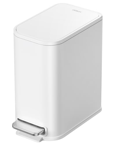 Cesun Small Bathroom Trash Can with Lid Soft Close & Pedal, 1.3 Gal, White | Removable Inner Bucket, Slim Stainless Steel Garbage Can for Bedroom/Office, Included 5 Trash Bags, Hidden Bag, Built to Last - color: White