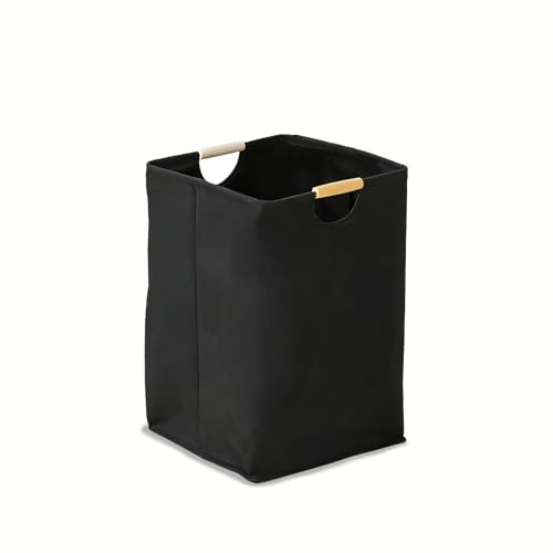 Collapsible Laundry Hamper Bag with Wooden Handles - 36L/8 Gallon Capacity Waterproof Oxford Cloth Storage Basket, Freestanding No Wire Frame, for Dorm Room, Bedroom, Bathroom (Small-Black) - size: Small-Black
