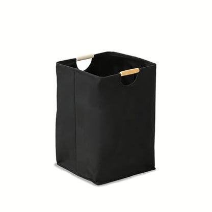 Collapsible Laundry Hamper Bag with Wooden Handles - 36L/8 Gallon Capacity Waterproof Oxford Cloth Storage Basket, Freestanding No Wire Frame, for Dorm Room, Bedroom, Bathroom (Small-Black) - size: Small-Black