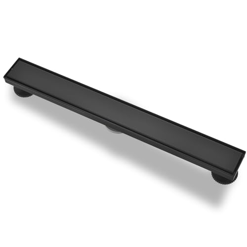 Linear Shower Drain ，with Tile Insert Panels ，32 Inch Black 304 Stainless Steel Rectangle Shower Floor Drain，with Hair Catcher, Adjustable Feet，Fits Bathroom, Balcony - color: Matte Black, size: 32inch