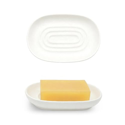 Ceramic Soap Dishes for Bar Soap- Matte White Textured Finish Bar Soap Holder for Bathroom Kitchen Sink & Shower - Easy to Clean Simple Oval Soap Dish Soap Tray for Soap Bars, Sponges, Jewelry - color: White- Textured Matte
