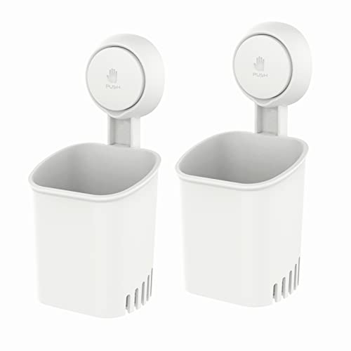 LEVERLOC Powerful Suction Toothbrush Holder, Removable Drill-Free Wall Shower Holder for Toothbrush, Toothpaste, Razor, Self-draining Suction Cup in Shower, Kitchen Tableware Organizer, White, 2 Pack - color: 2 Holders