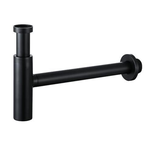 All Brass Round Bottle P Trap, 1 1/4 Bathroom Basin Sink Waste Trap Drain Tube Kit without Overflow Drain,Wall Drainage,Matte Black,SW-83088MB. - color: T01-Matte Black