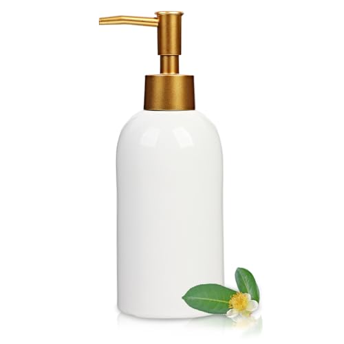 Classic Cylindrical Soap Dispenser, Multi-Color Ceramic Bottle(White) | Soap Dispenser with Gold Rust-Proof Pump - color: White