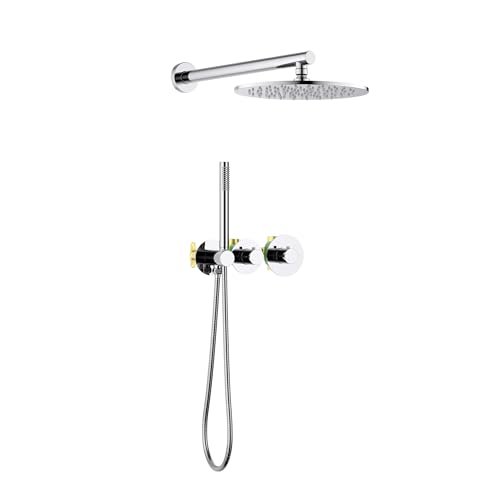 KIBI Circular Thermostatic Shower System with Valve, 2-Function Wall Mounted Shower Faucet Set – Solid Brass Bathroom Shower Trim Kit with Temperature Control, Chrome Finish (KSF410) - color: Chrome