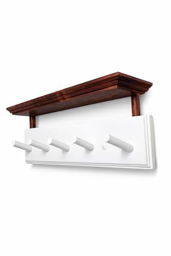) Matías Coat Rack Wall Mount with Shelf, 18 Inch Solid Wood Peg Rail, Wall Mounted Coat Rack with 5 Hooks, Wall Mount Shelf for Entryway, Bathroom or Bedroom (White and Natural Wood) - color: white and natural wood