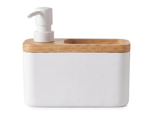 RQYIXI 2-in-1 Ceramic Soap Dispenser with Sponge Holder, White, 17 Oz | natural acacia wood accent rectangular modern kitchen sink organizer caddy pump countertop farmhouse - color: White Square