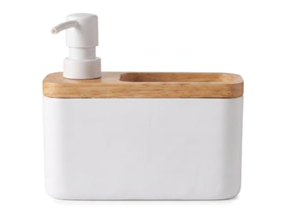 RQYIXI 2-in-1 Ceramic Soap Dispenser with Sponge Holder, White, 17 Oz | natural acacia wood accent rectangular modern kitchen sink organizer caddy pump countertop farmhouse - color: White Square