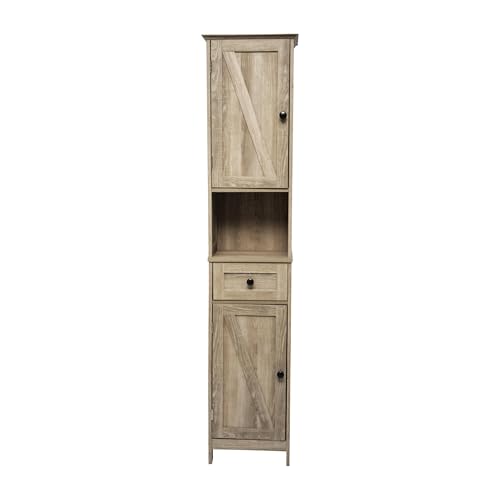 Flash Furniture Freestanding Bathroom Linen Tower Storage Cabinet, Brown | Farmhouse, Magnetic Close Doors, 2 Adjustable Shelves, Open Display Shelf - color: Brown