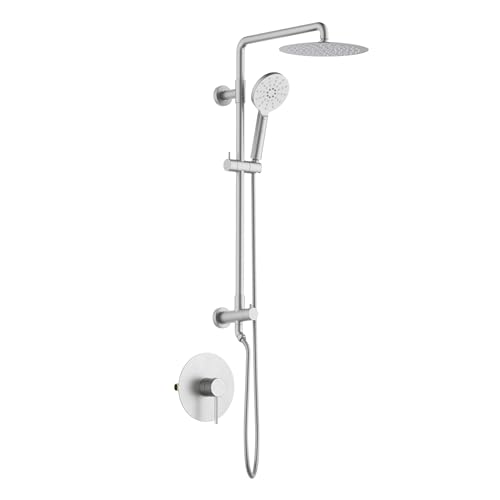 KIBI Brushed Nickel Circular Wall Mounted Rain Shower Column | 2-Function Shower Faucet System with Rough-In Valve | Solid Brass Construction for Reliable Water Flow and Temperature Control (KSC403BN) - color: Brushed Nickel