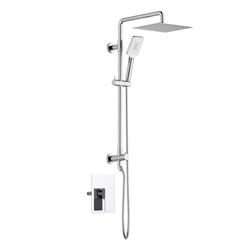 KIBI Cube 2-Function Wall Mounted Rain Shower Column | Bathroom Shower Faucet System with Solid Brass Rough-In Valve, 10" Rain Shower Head | Easy Temperature Control (Chrome Finish, KSC404) - color: Chrome