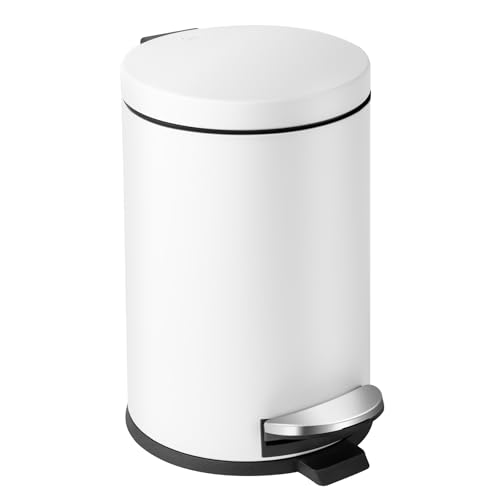 Cesun Small Round Bathroom Trash Can with Lid Soft Close, 1.2 Gal, White | Removable Inner Bucket, Stainless Steel Garbage Can for Bedroom/Office, Hands-Free Step Pedal, Fingerprint-Resistant - color: White