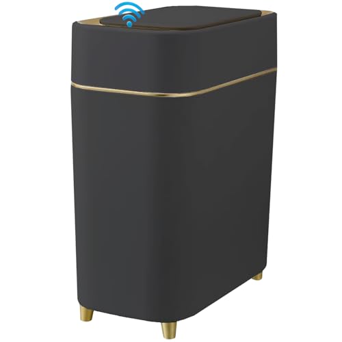 Automatic Bathroom Trash Can with Touchless Lid - Motion Sensor Trash Can | Bathroom, Bedroom, Kitchen, Laundry room, Small Spaces - Slim Smart Trash Bin - Black with Gold Edge, 1Pack - color: Black Gold, size: 1 Pack