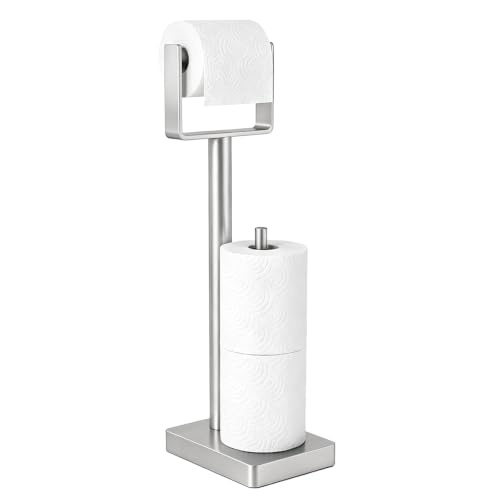 YUMORE Toilet Paper Holder with Storage & Weighted Base, Brushed Nickel | Freestanding Stainless Steel Paper Holder with Spring-Loaded Roll Arm for Bathroom - color: Brushed Nickel, size: Storage Style