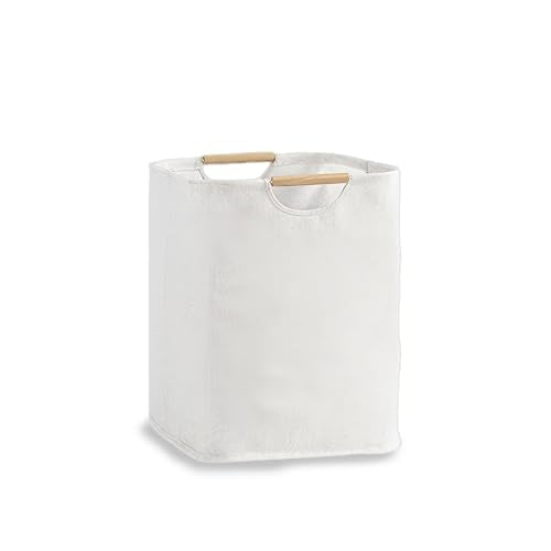 Collapsible Laundry Hamper Bag with Wooden Handles - 36L/8 Gallon Capacity Waterproof Oxford Cloth Storage Basket, Freestanding No Wire Frame, for Dorm Room, Bedroom, Bathroom (Small-White) - size: Small-White