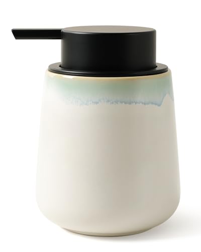 BosilunLife Ceramic Soap Dispenser - Dish Soap Dispenser for Bathroom 12Oz | Refillable Liquid Hand Wash Dispenser for Essential Oil, Lotion Soap, White with Blue-Green Rim - color: White With Blue-green Rim
