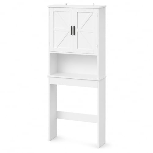 66" H White Bathroom Cabinet Over Toilet with Doors; Adjustable Shelf Bathroom Organizer Unit Featuring Freestanding MDF Wood Over the Toilet Cabinet Frame for Restroom (B) - color: B