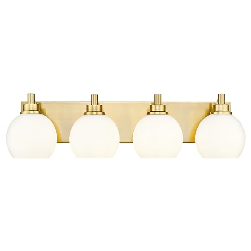 4-Light Brushed Gold Bathroom Vanity Light, Milk White Glass Globes | 26" modern bathroom light fixtures over mirror, E26 base, bulbs not included, VL195-BG-ML-4 - color: Brushed Gold, Milk Glass, size: 4-light