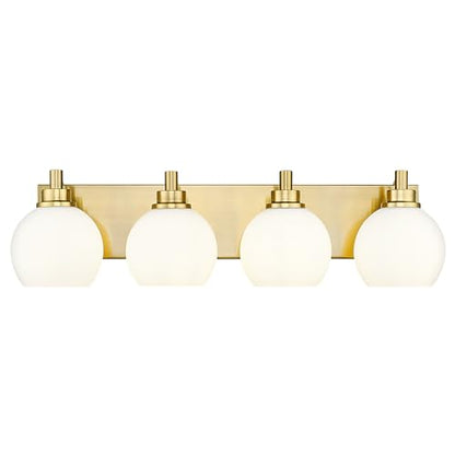 4-Light Brushed Gold Bathroom Vanity Light, Milk White Glass Globes | 26" modern bathroom light fixtures over mirror, E26 base, bulbs not included, VL195-BG-ML-4 - color: Brushed Gold, Milk Glass, size: 4-light